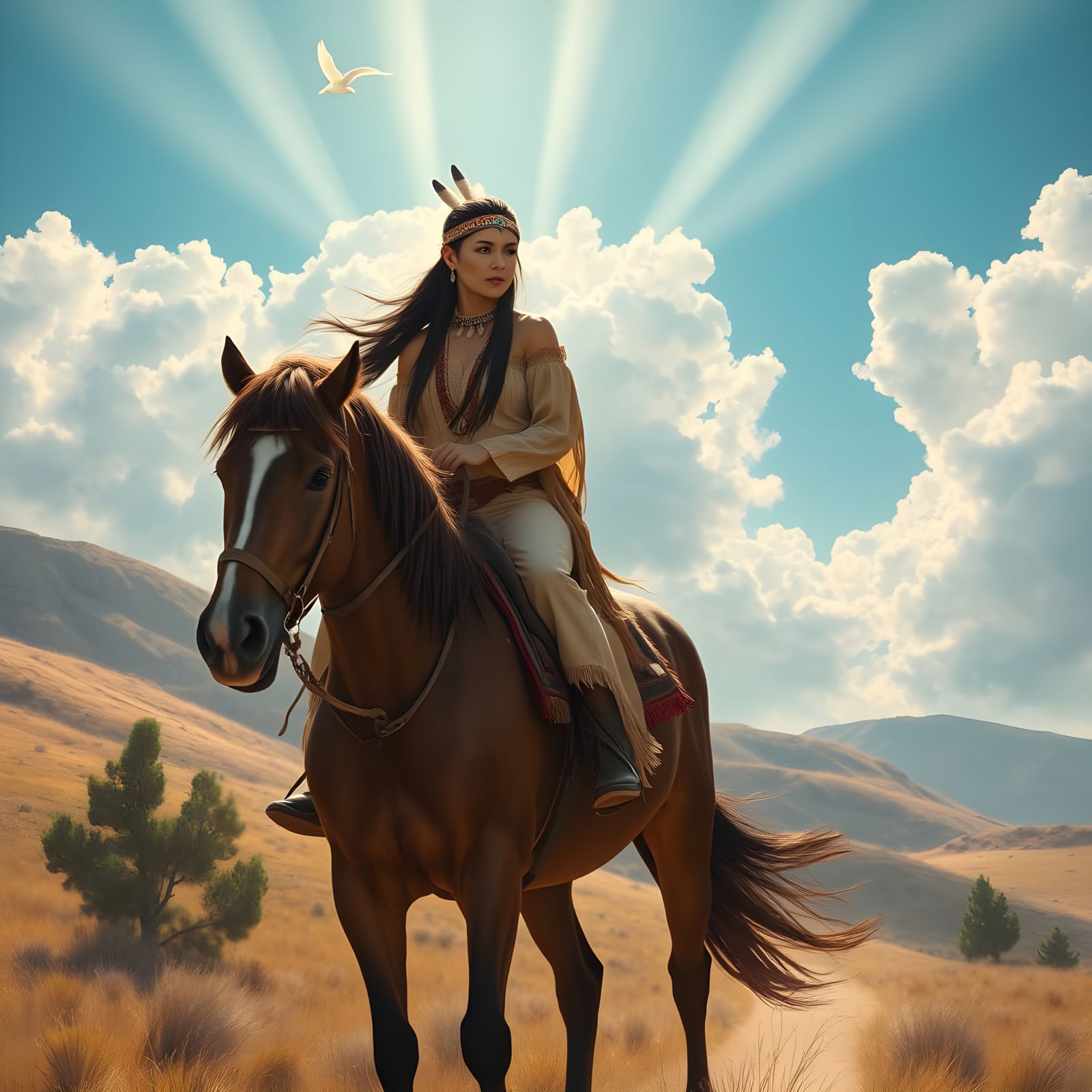 Native American Woman Rides Horse in Serene Landscape