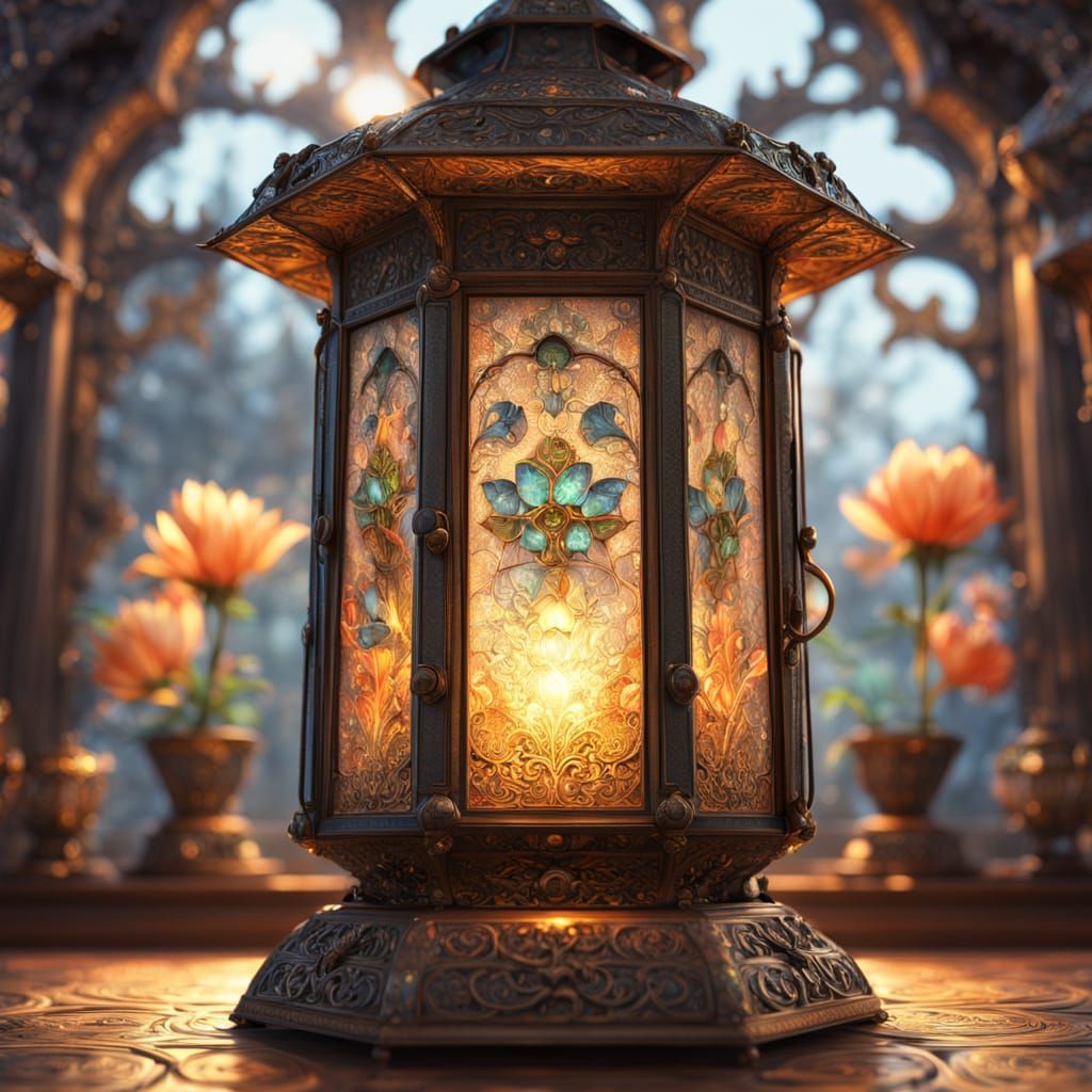 Antique Lantern in a Jeweled Treasure Room