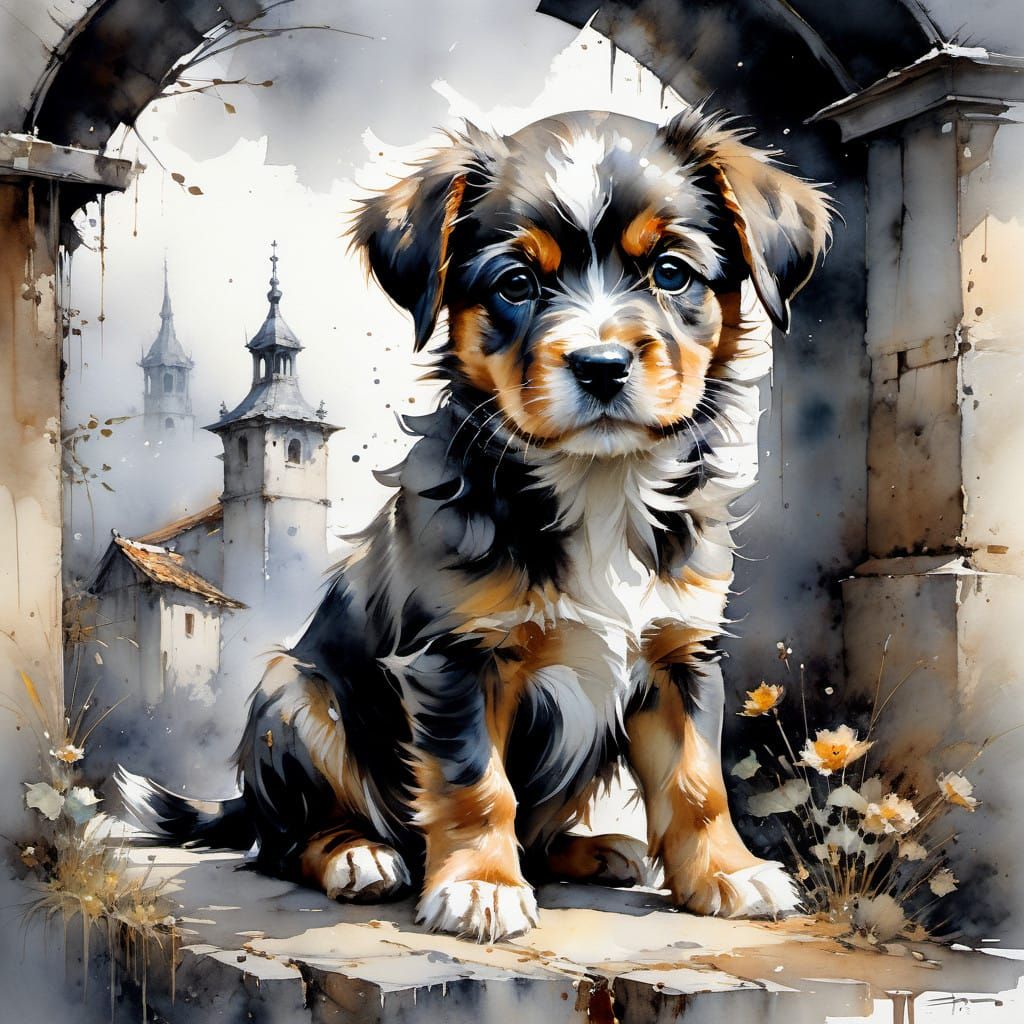 Moonglow Watercolor Puppy in Whimsical Landscape