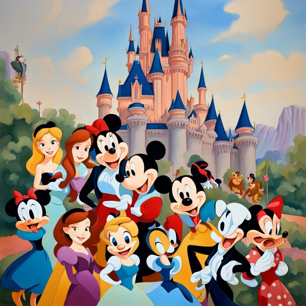 Disney Characters at the Castle: Gouache Painting