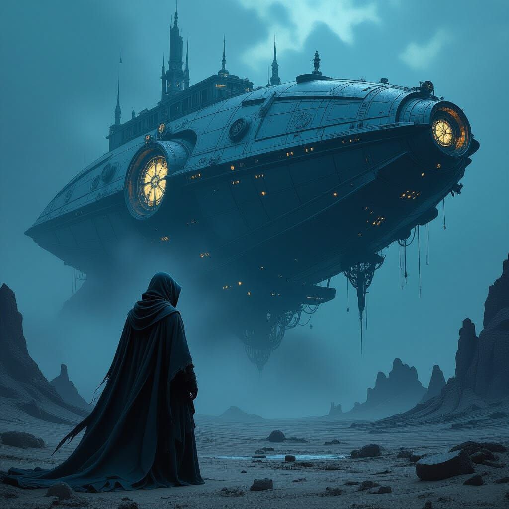 Gothic Spaceship with Clockwork Details in Dark Fantasy Styl...
