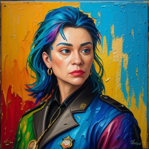 Expressionist Oil Painting of Badge and Credits