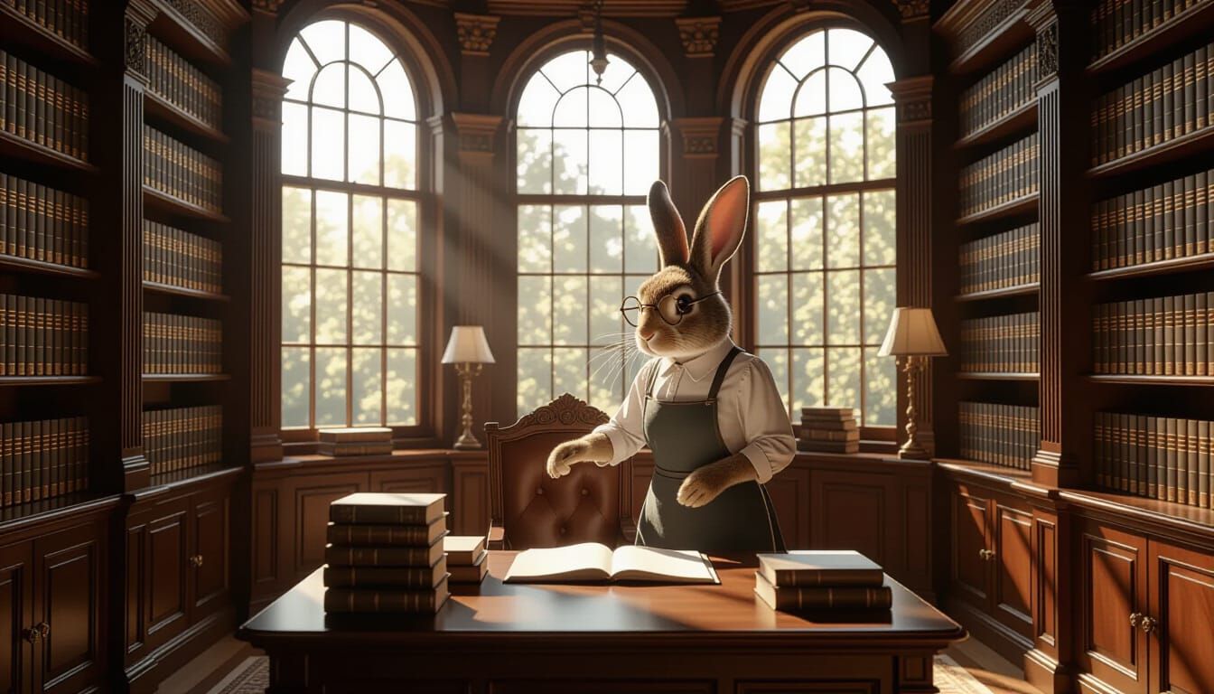 Rabbit Librarian Tending Victorian Library in Sunlight