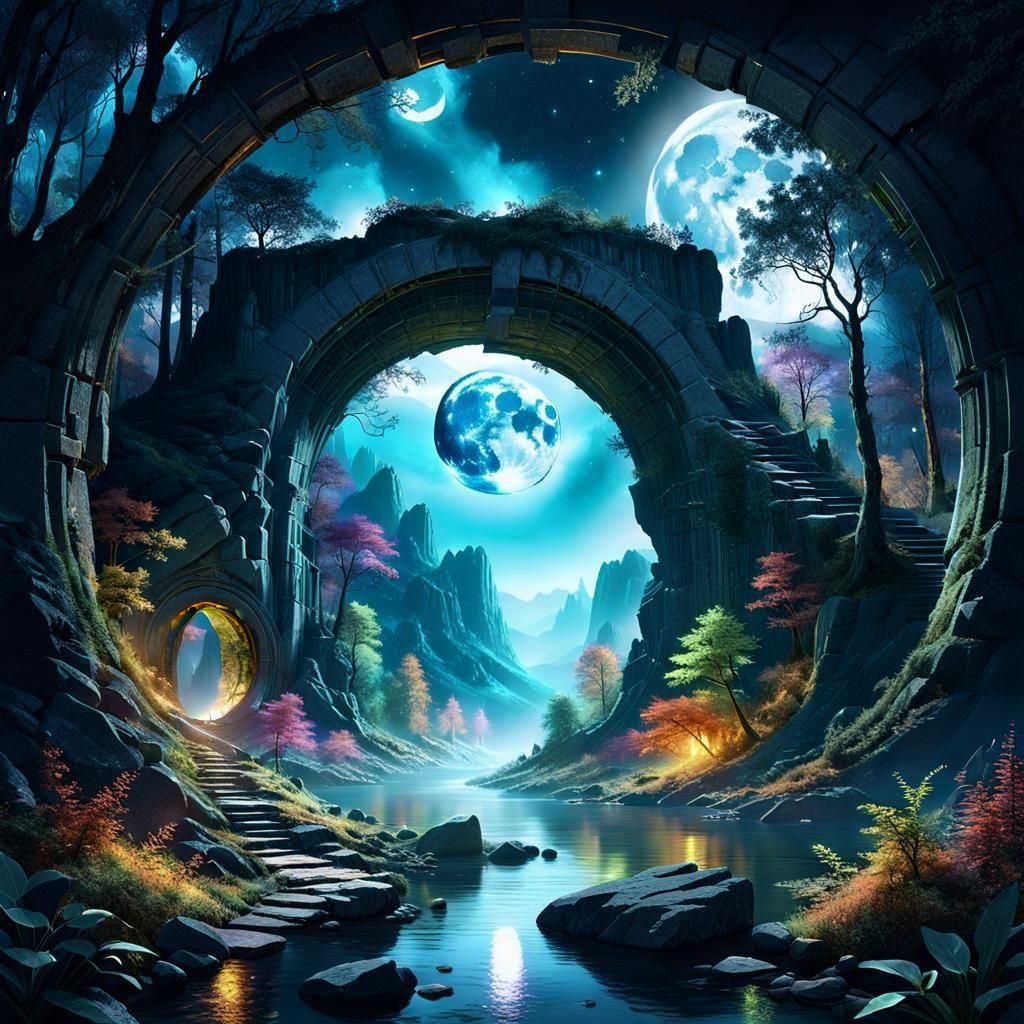 Magical Forest Portal Reveals Moonlit River