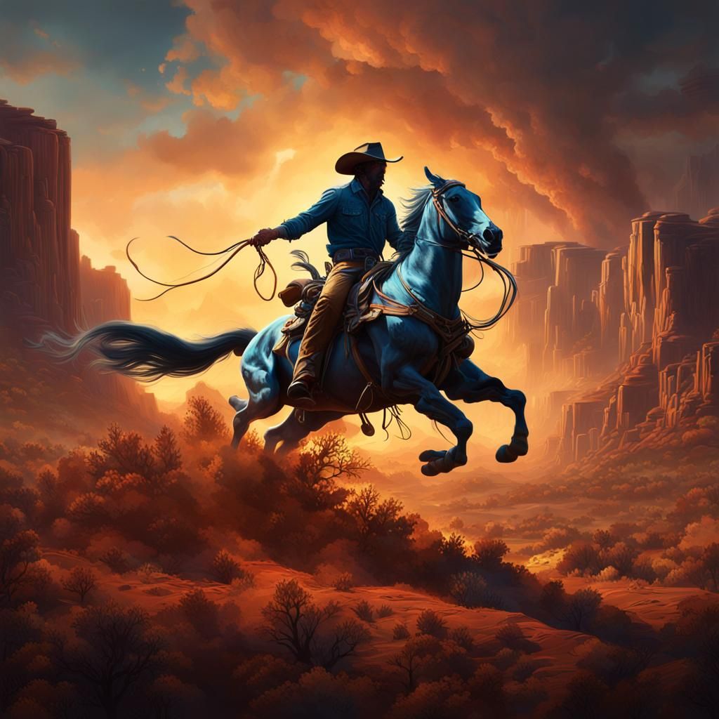 Cowboy Bucking Horse in Wilderness: Deep Color Art