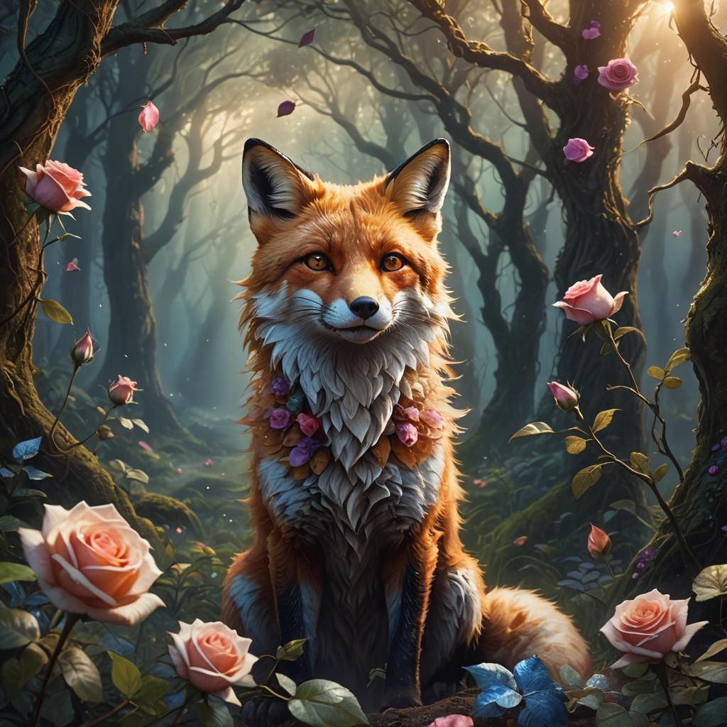 Fox with Rose in Mystical Forest