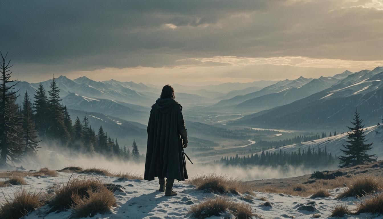Aragorn in the Misty Mountains: Cinematic Film Still