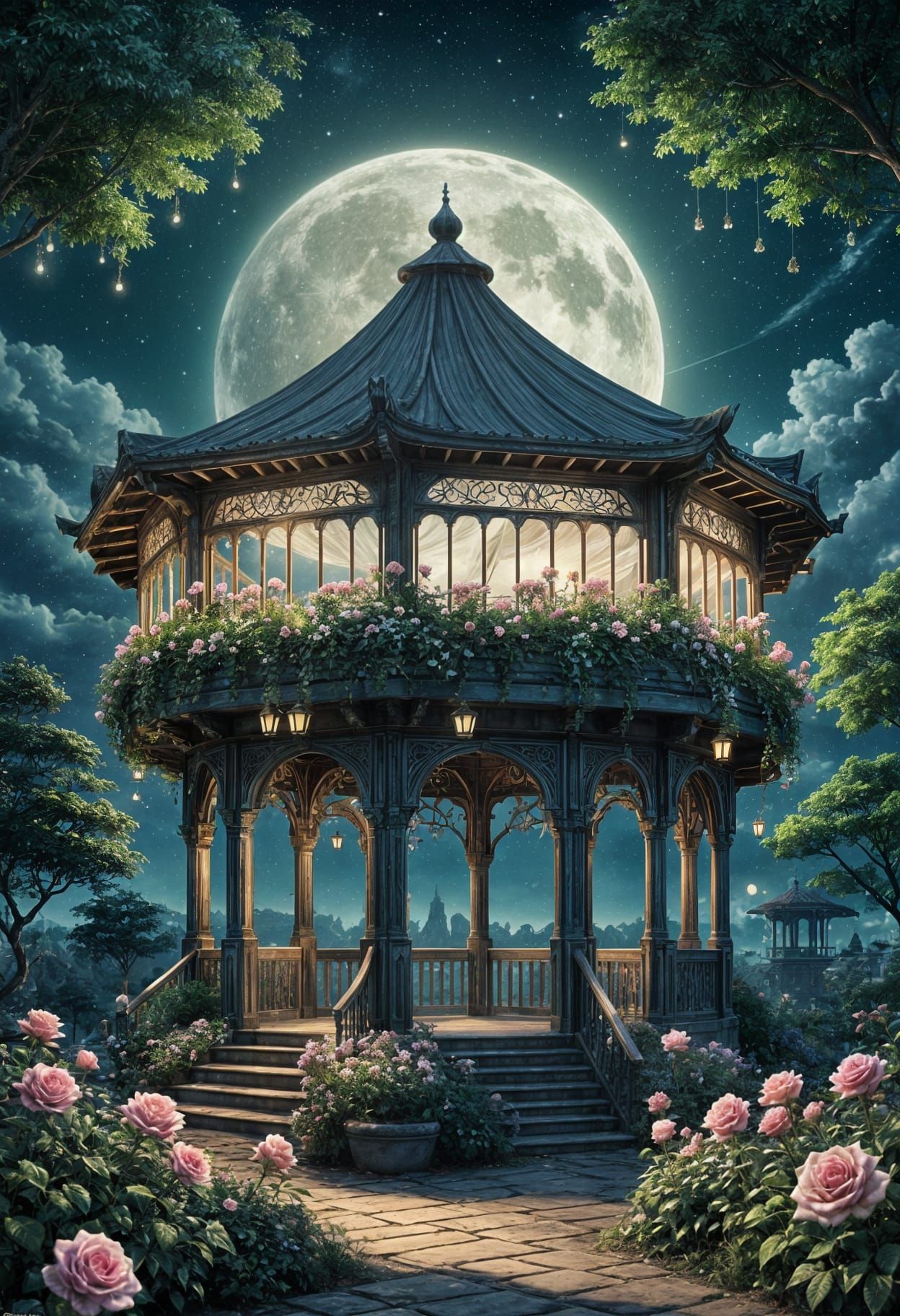 Cyberpunk Rose Gazebo Under Moonlit Sky