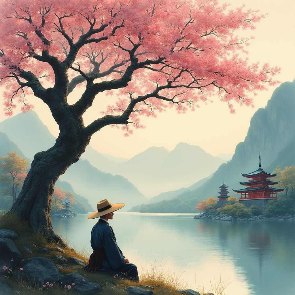 Ancient Sakura Tree in Serene Japanese Landscape