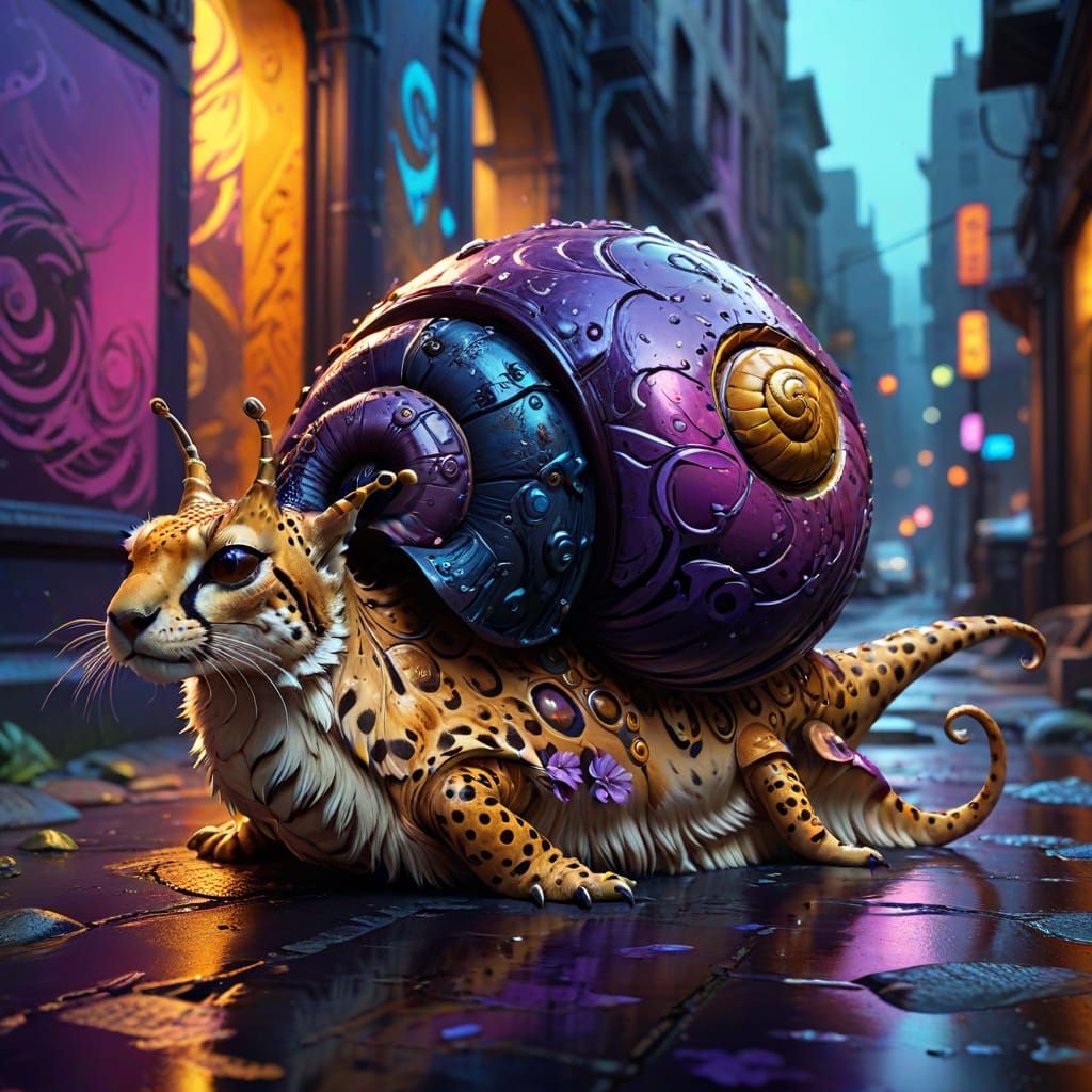 Surreal Cheetah-Snail in Vibrant, Dreamlike Scene