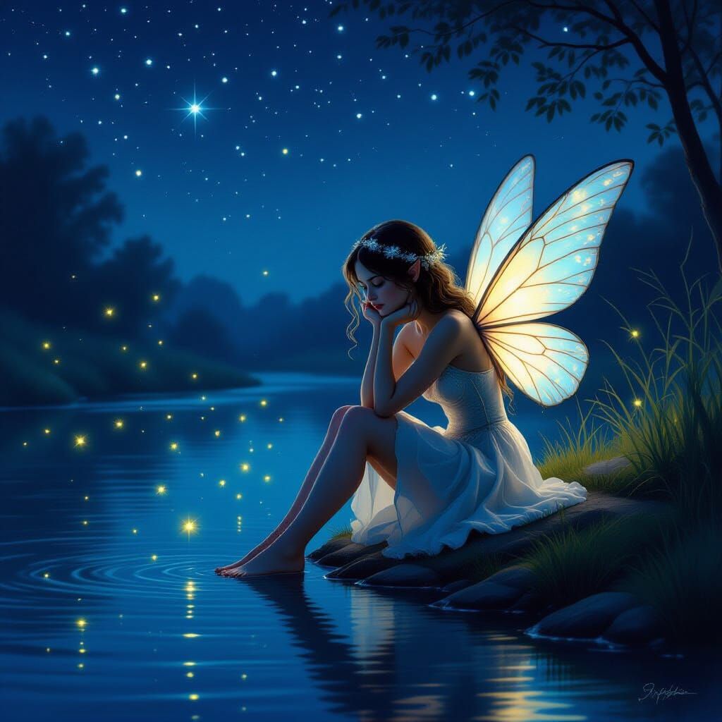 Fairy by Riverbank at Night, Impasto Oil Painting Style