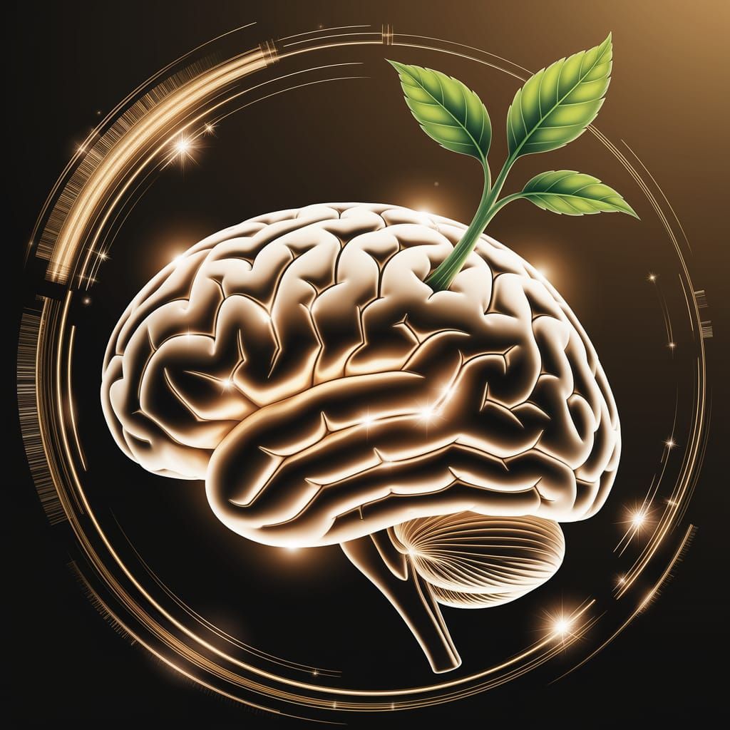 Golden Circuit Brain with Sprout: Digital Art