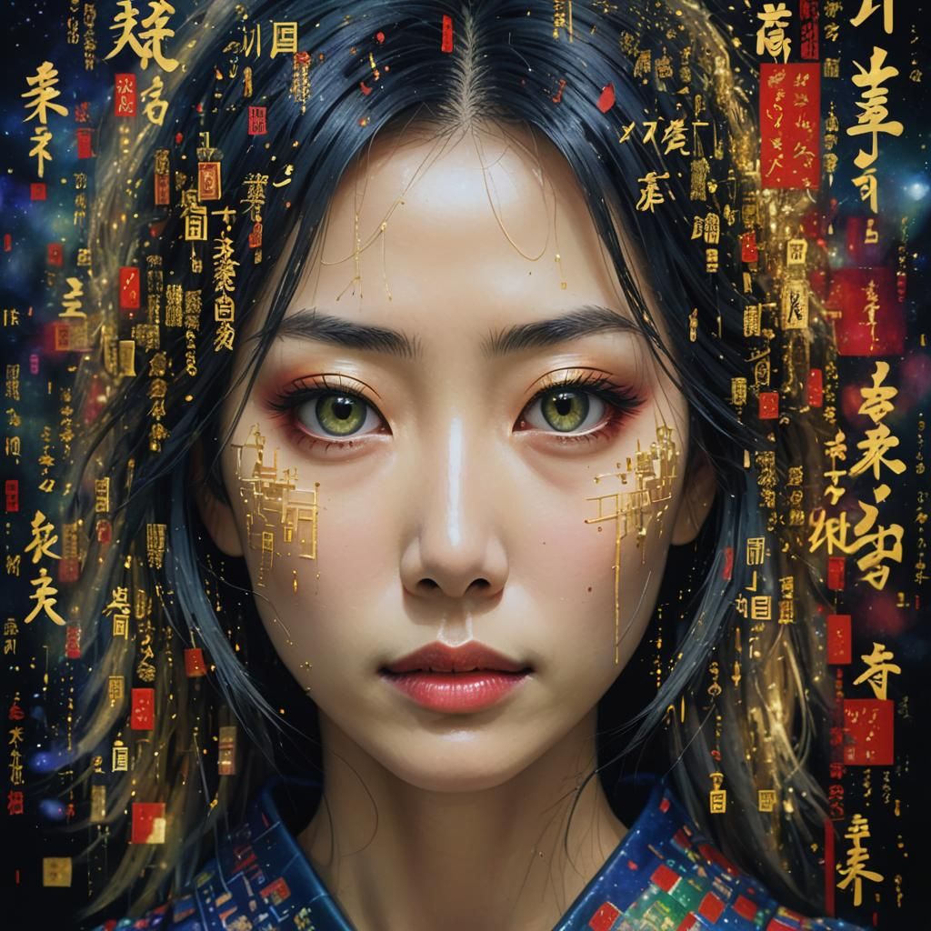 Japanese Woman with Multiple Eyes in Matrix Style