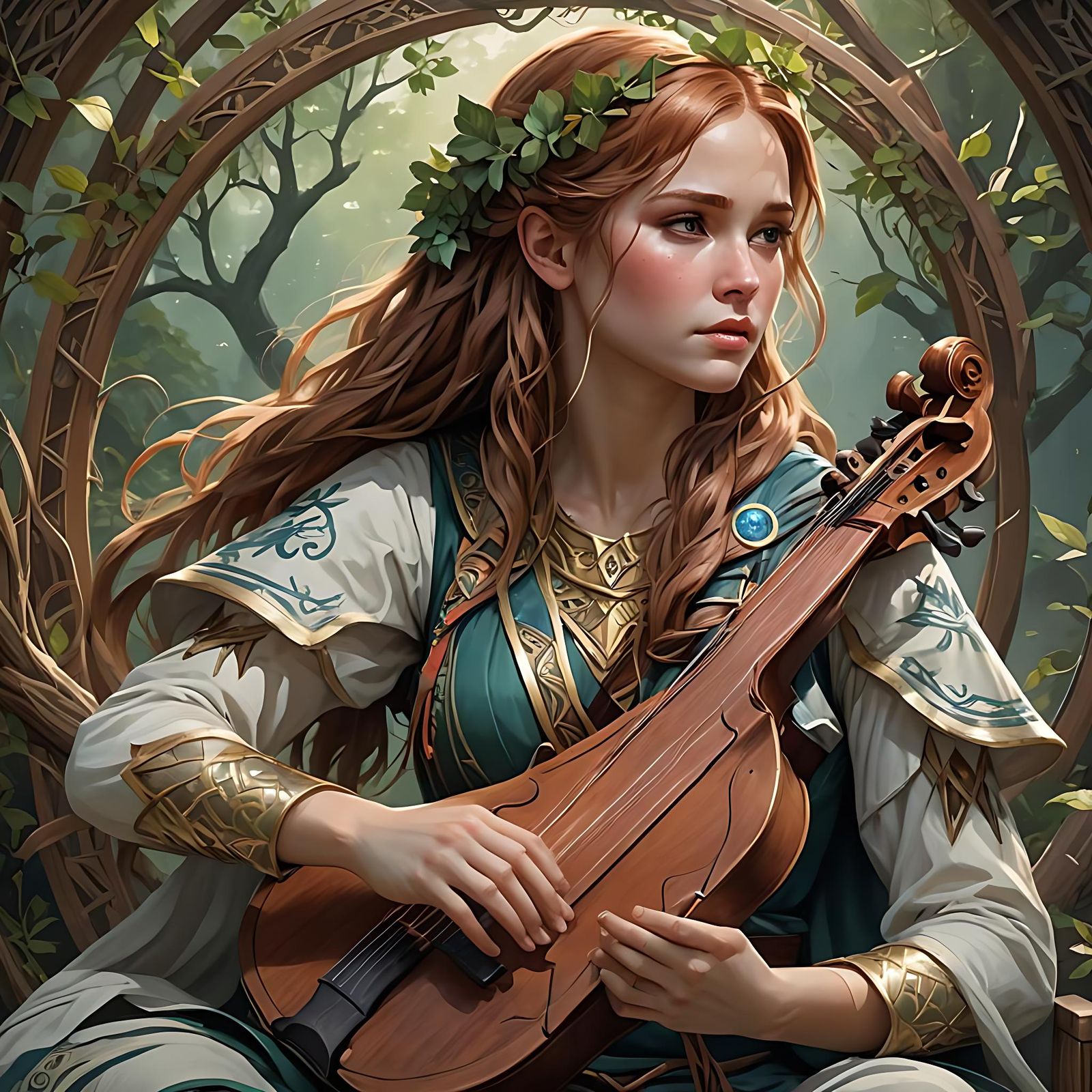 Irish Druid Bard Playing Lyre: Detailed Portrait