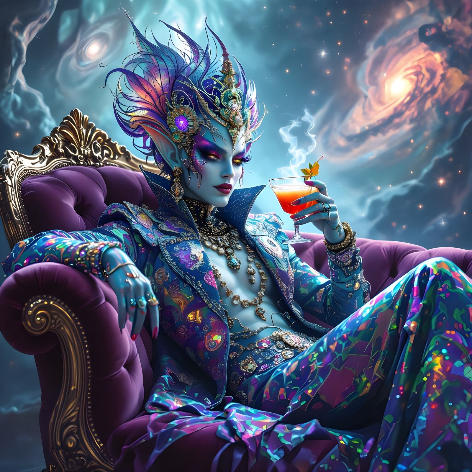 Luxurious Gender-Fluid Alien Sipping Cosmic Cocktail