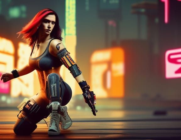 Cyberpunk 2099 Female Fighter in Neon City