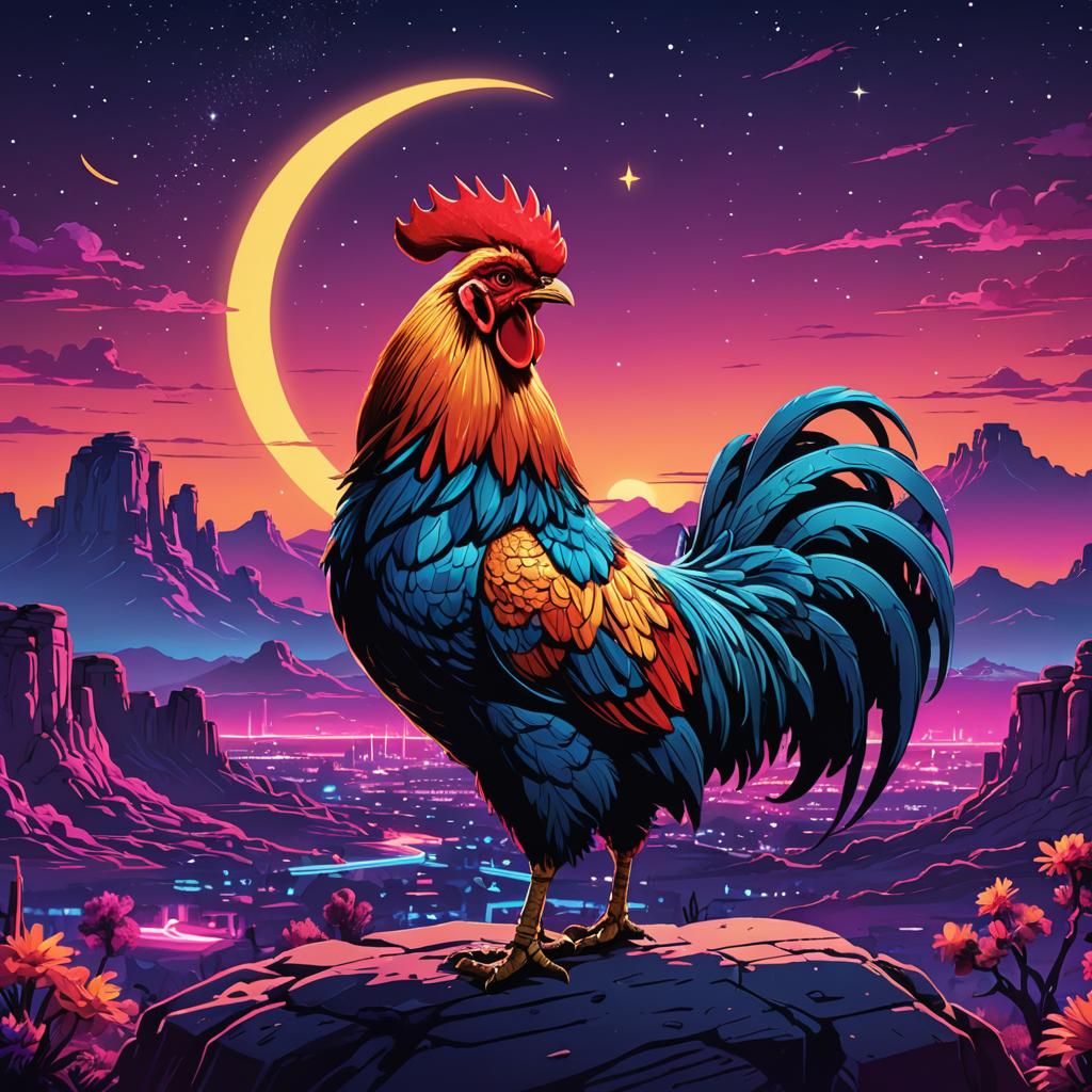 Synthwave Rooster in Southwestern Landscape at Dusk