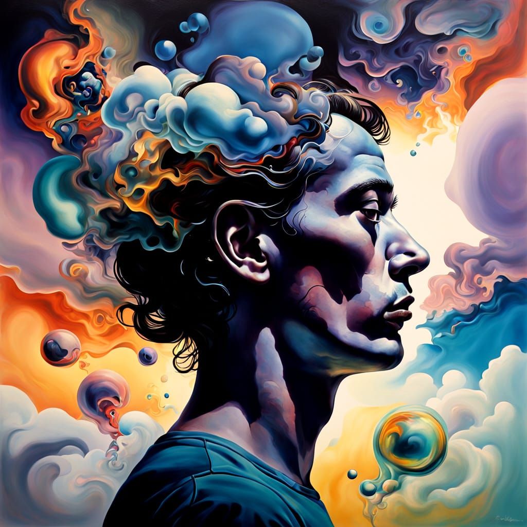 Surreal Oil Painting of Person With Twisted Thought Bubbles