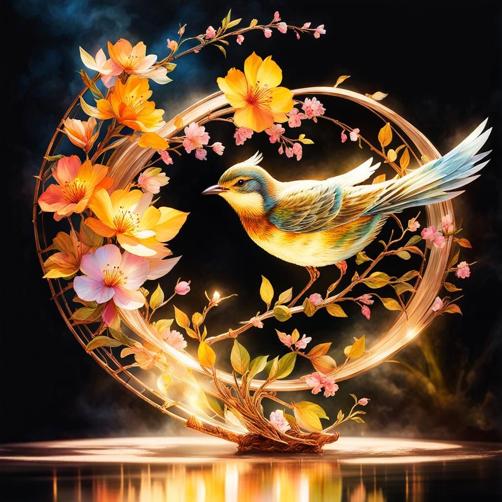 Blossom Bird Tree Double Exposure Watercolor