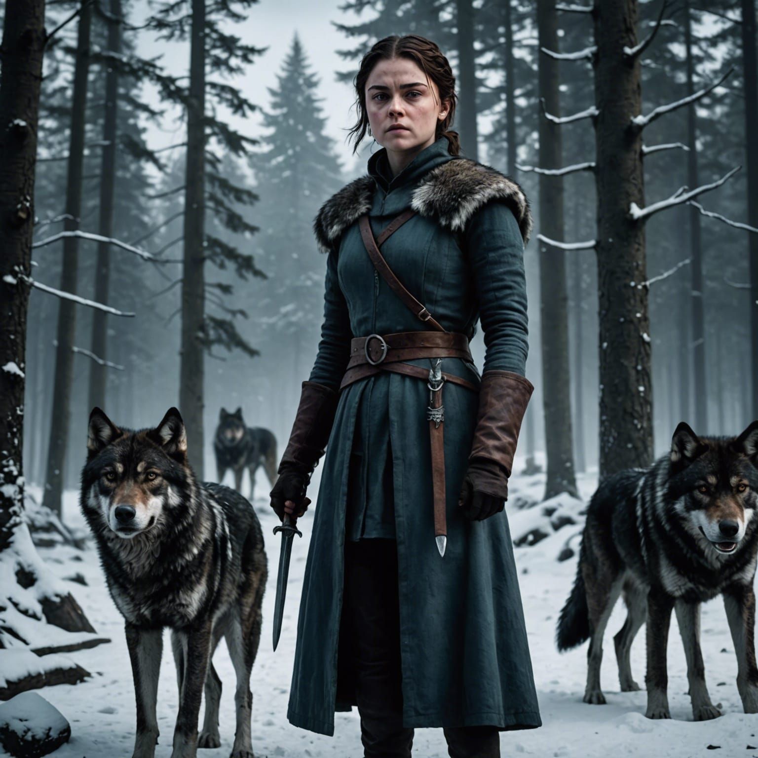 Arya Stark Portrait with Wolves in Winter Forest