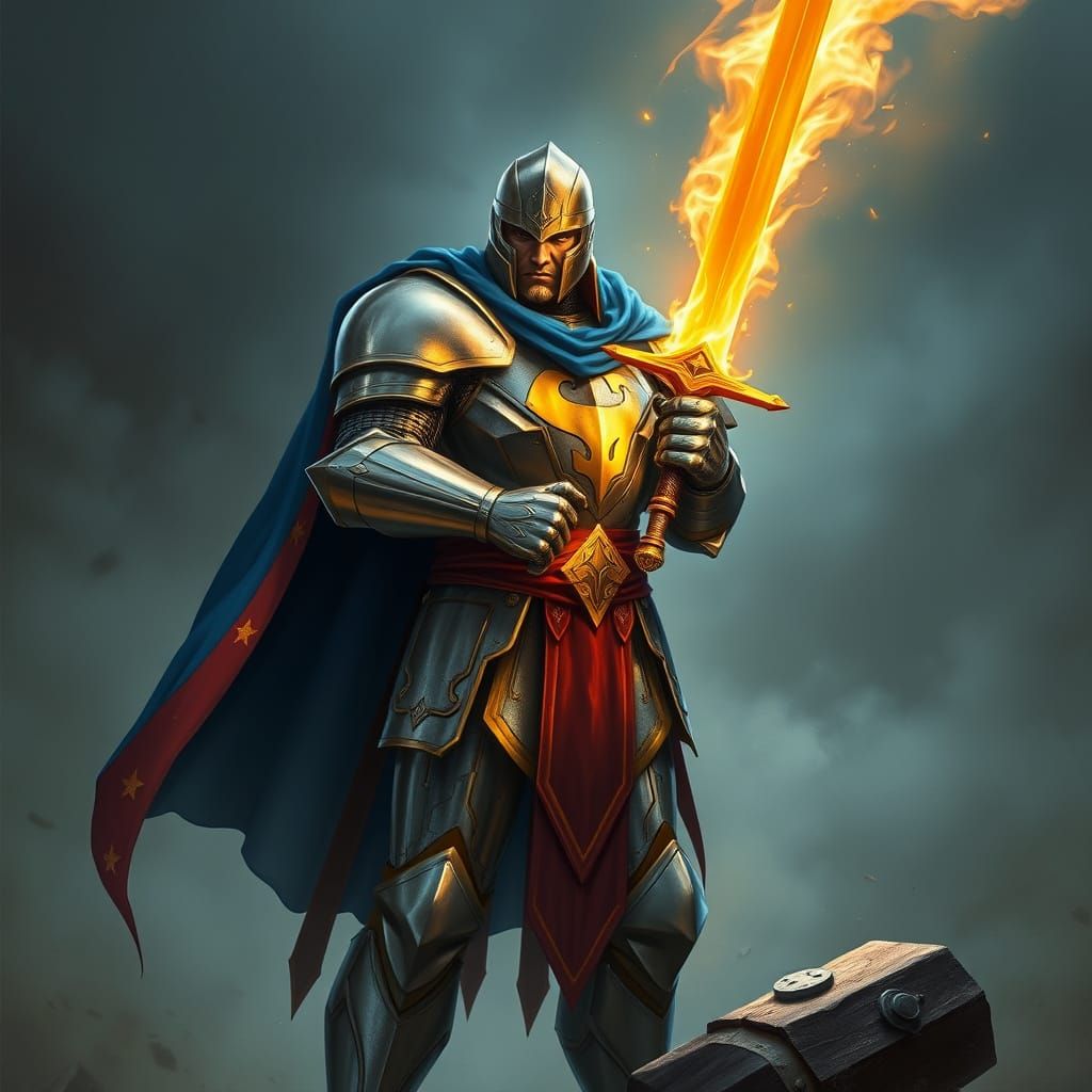 Heroic Paladin with Flaming Sword in Comic Book Style