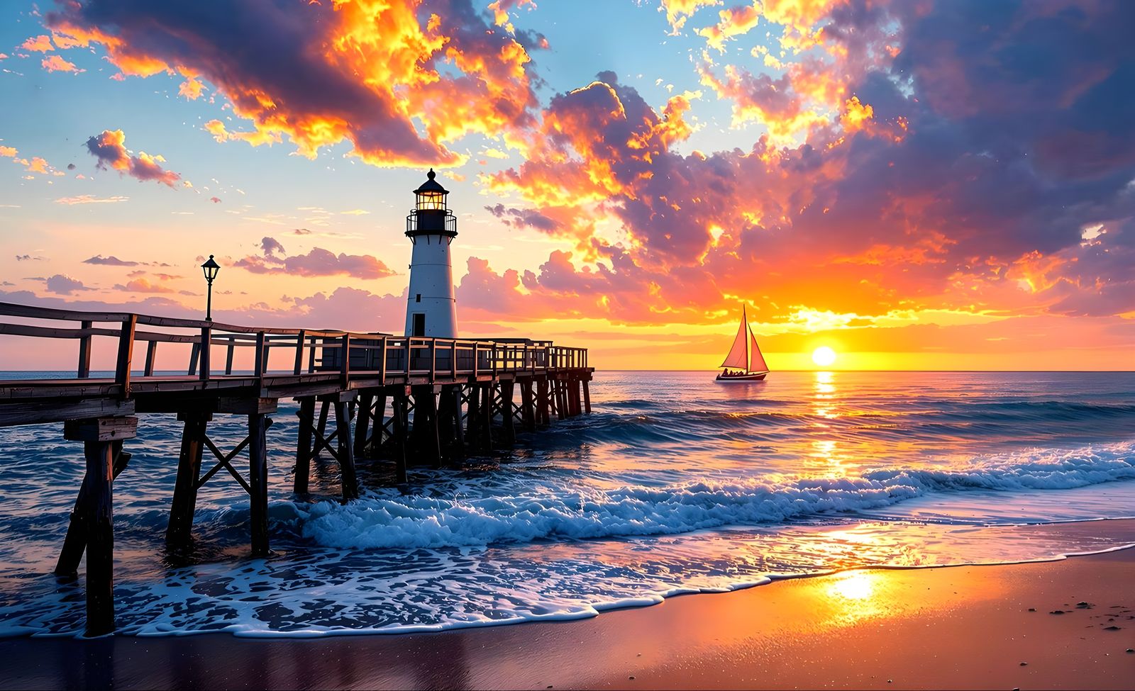 Panoramic Beach Sunset in Hyperdetailed Oil Painting Style