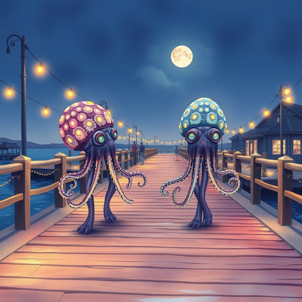 Dreamlike Boardwalk Scene with Victorian Cephalopods