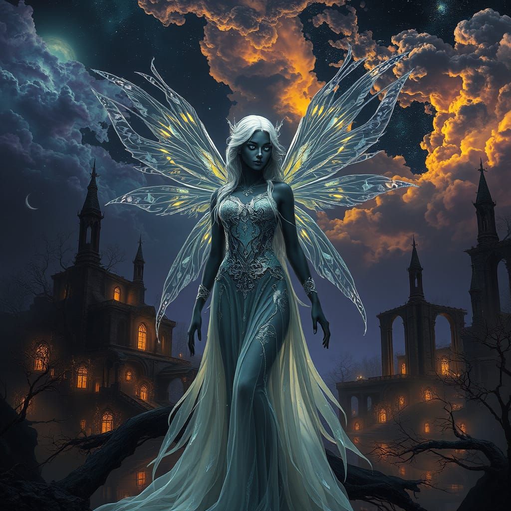 Mysterious Fairy in Celestial Dark Fantasy Landscape