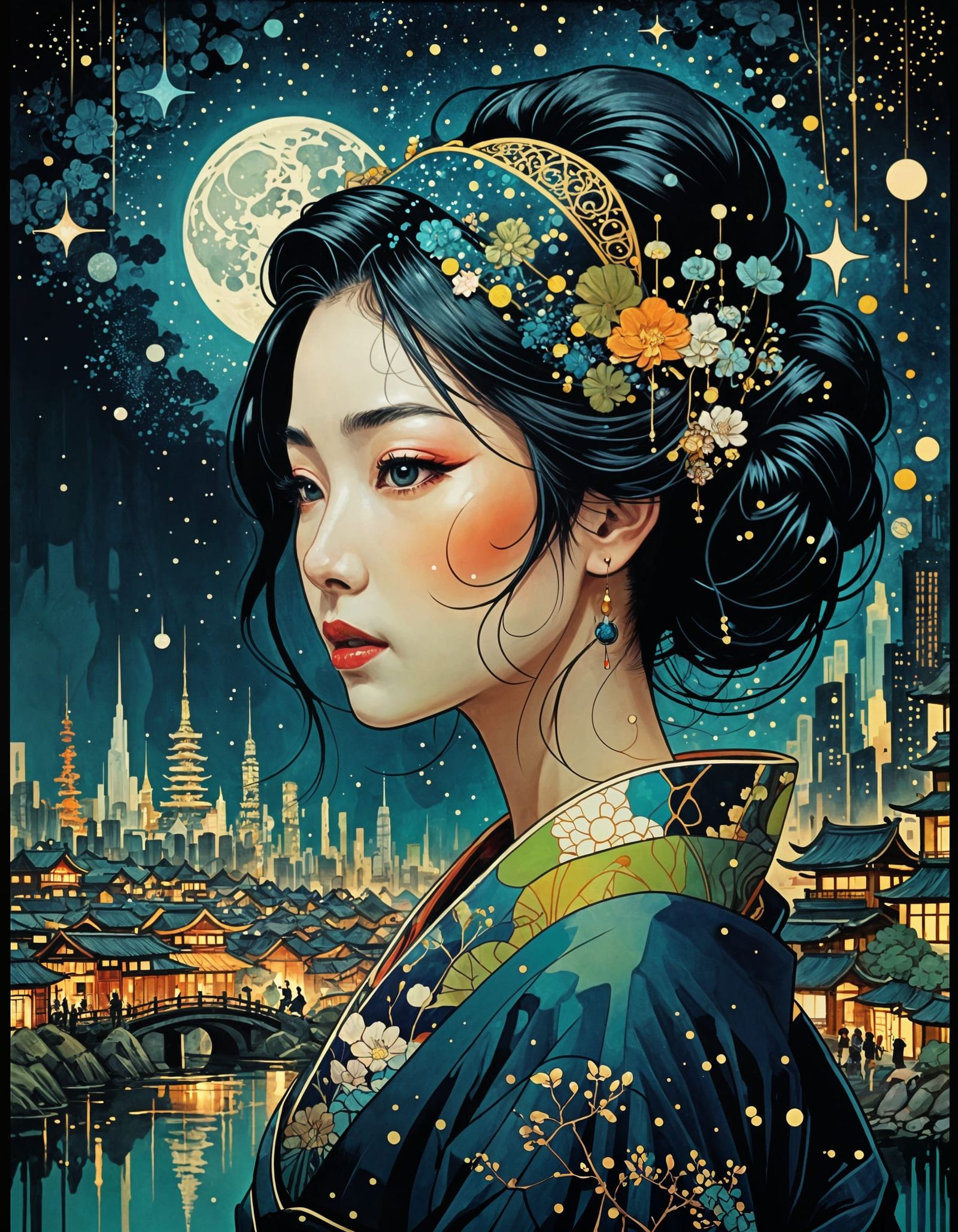 Geisha in Manga Style Watercolor Painting