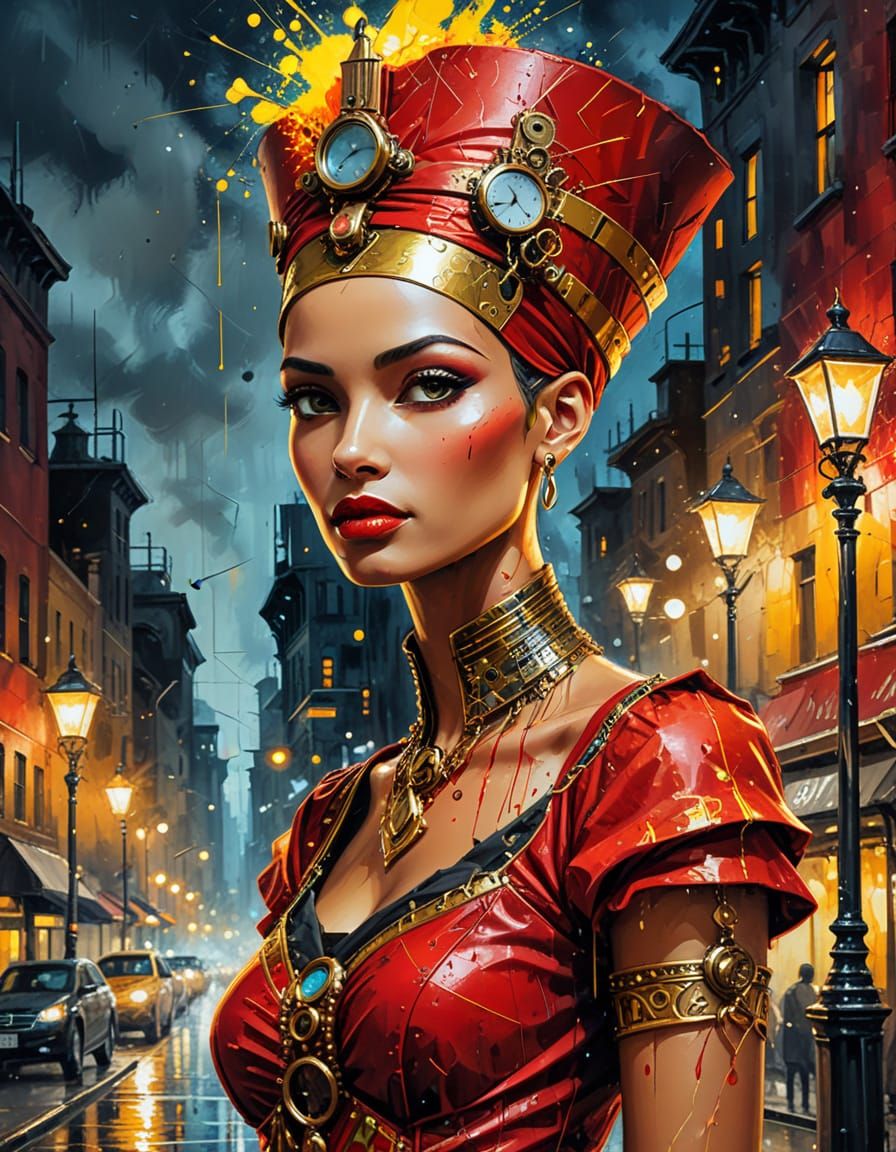 Steampunk Nefertiti in Red Dress at Night