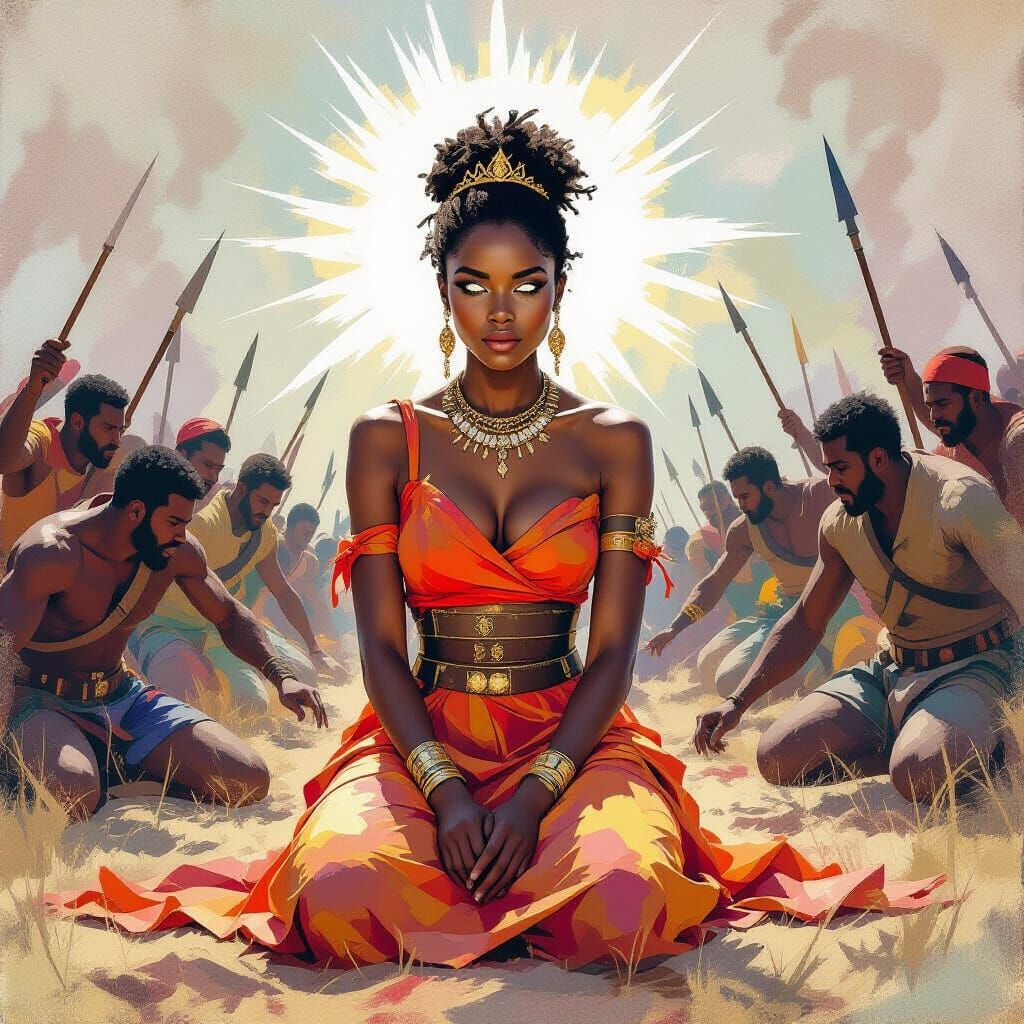 African Princess in Battle with Divine Vision, Gouache and W...