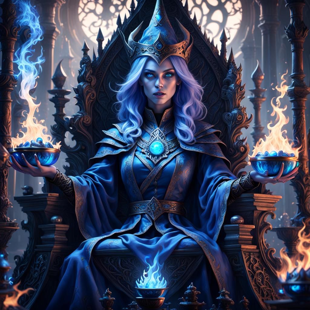 Eerie Witch on Throne with Blue Flames