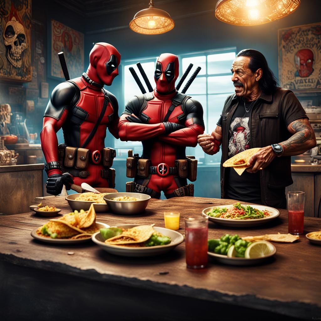 Deadpool and Deaderpool, hanging out with Danny Trejo eating tacos and having fun.
