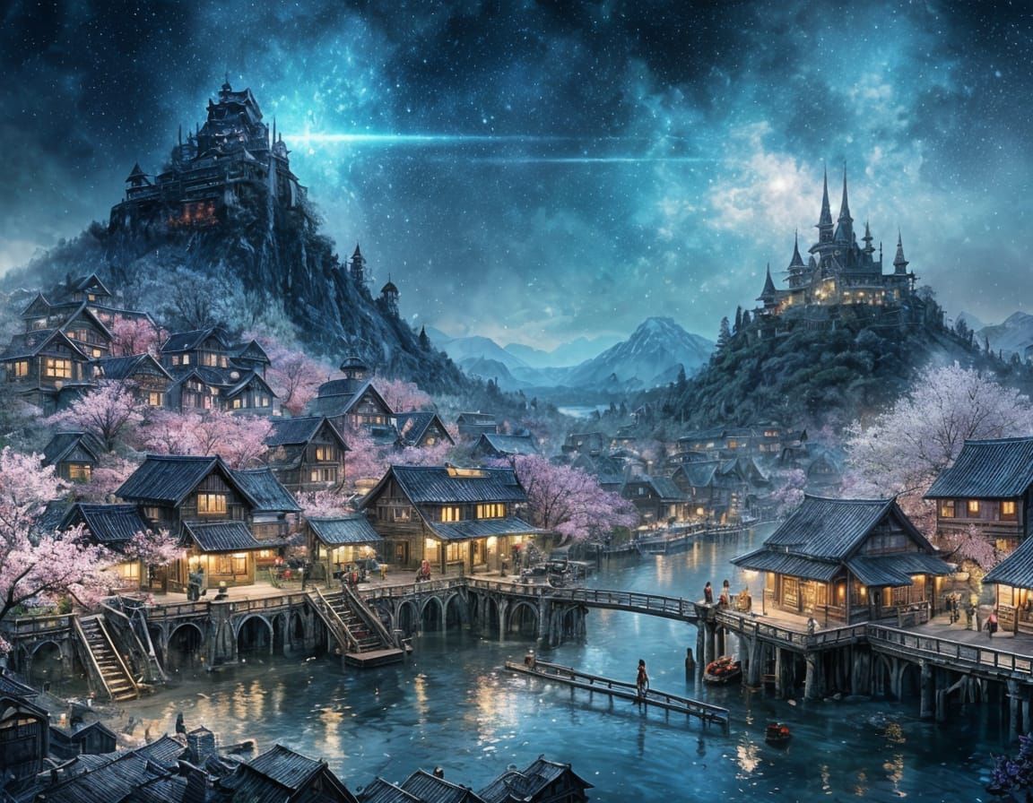 Enchanted Sakura Village at Midnight Nebula Sky