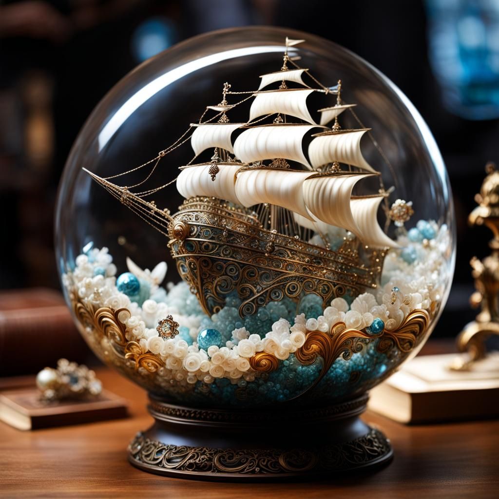 Ornate Crystal Seashell with Pirate Ship