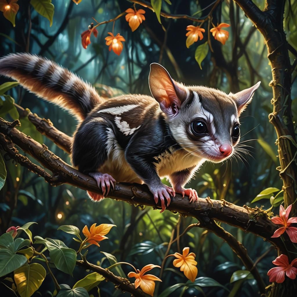 Baby Sugar Glider Gliding Through Jungle Oil Painting