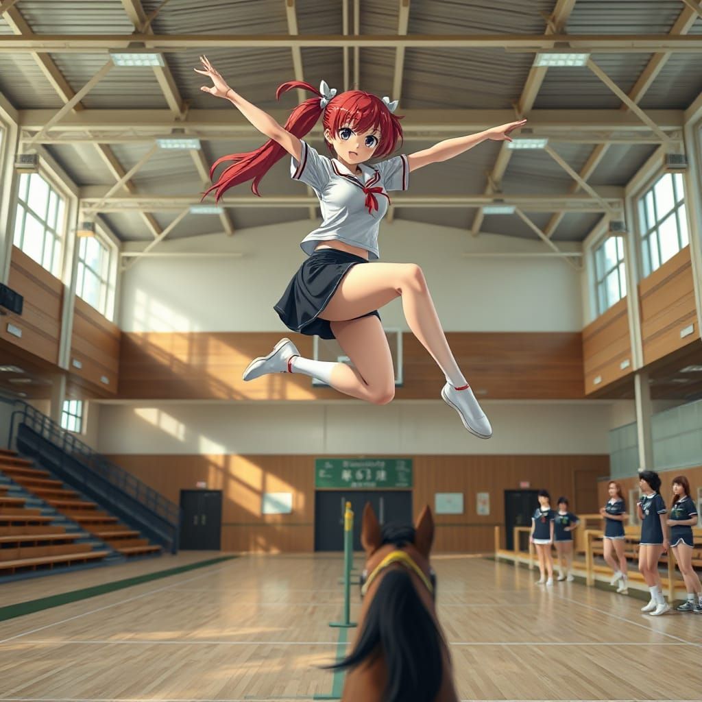 Vibrant Schoolgirl in Mid-Air Vault Pose