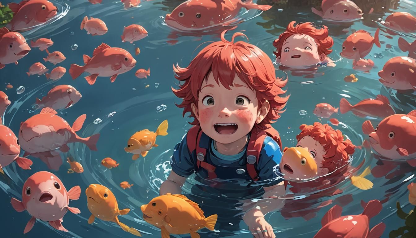 Crying Ponyo and Laughing Ponyo in 3D Anime Style
