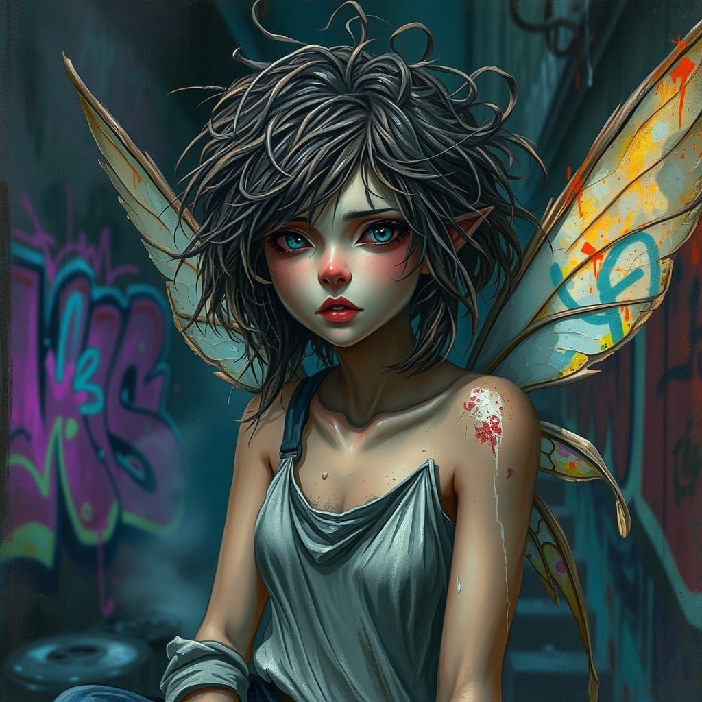Tormented Fairy Amidst Gritty Urban Landscape