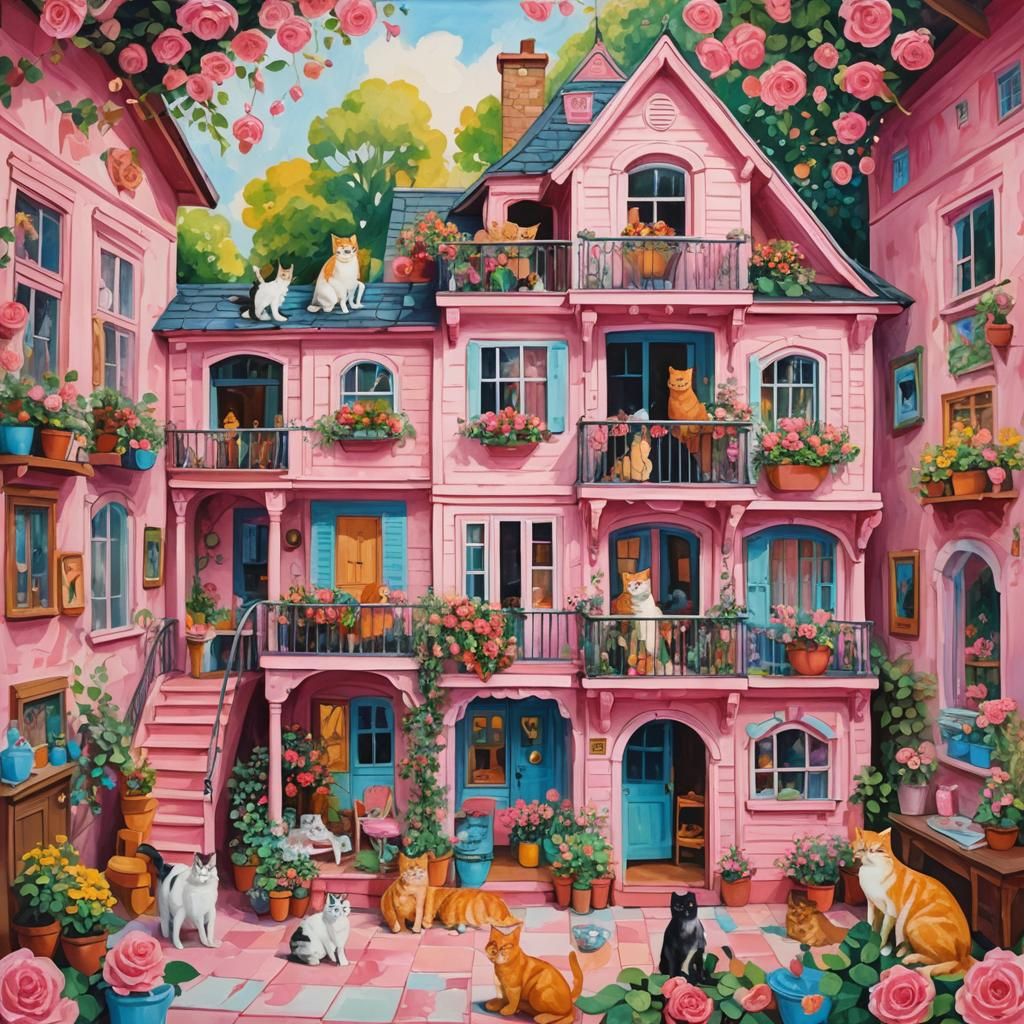 Rose Barbie House with Cats as Gouache Painting