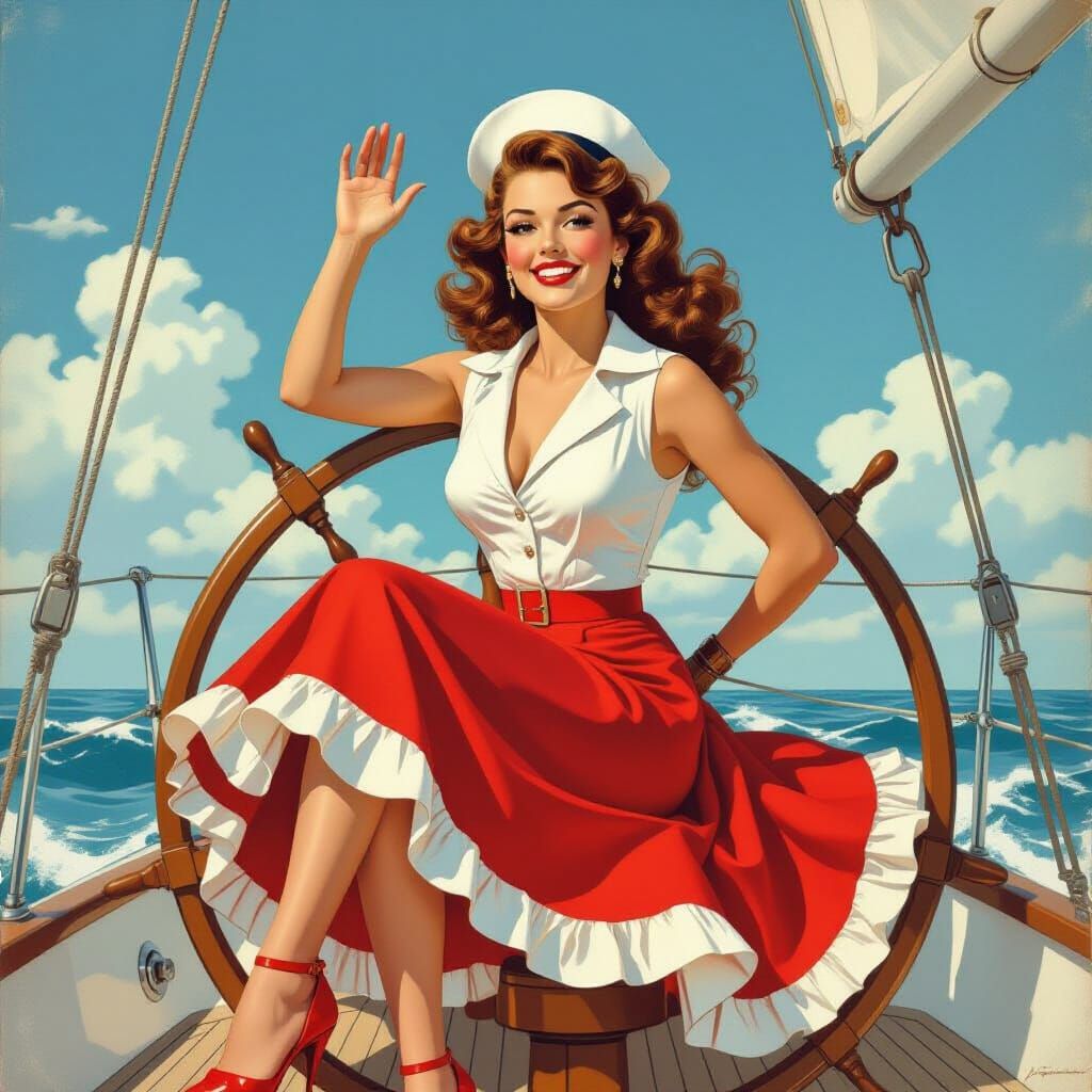 Vintage Pin-Up Woman at Sailboat Helm