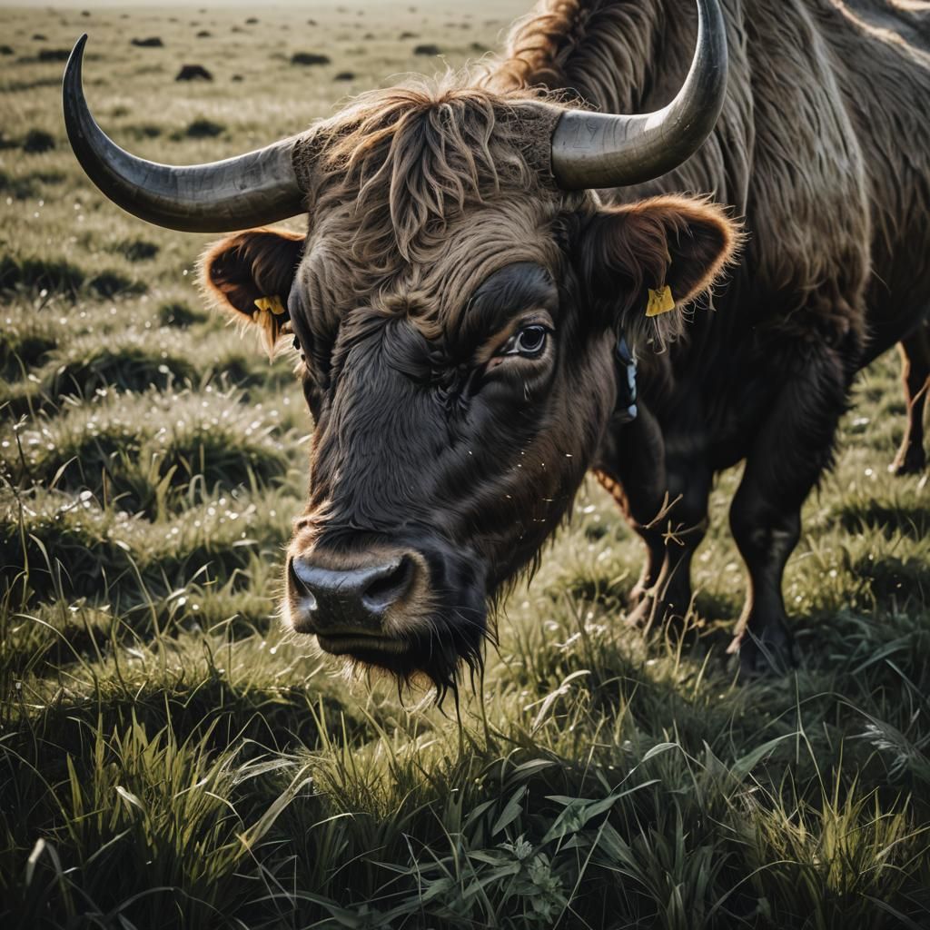 Aurochs Grazing in Field: Hyperrealistic Close-Up Portrait