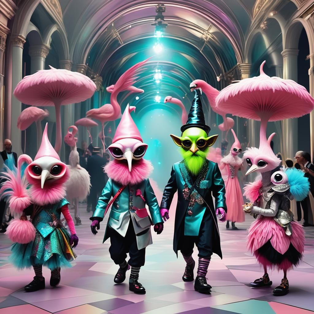 Commedia dell'Arte Gnomes in Fluorescent, Surrealist Setting