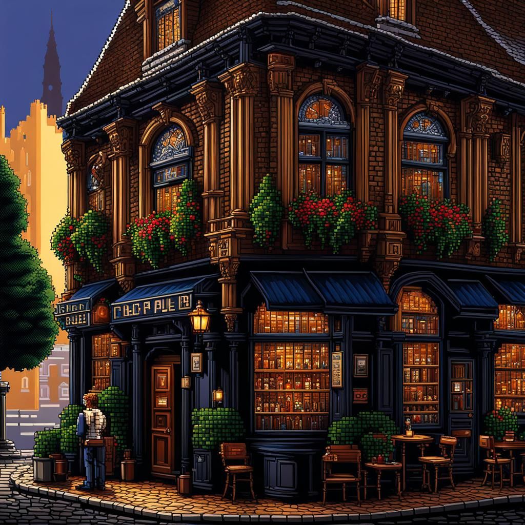 Pixel Art Lovers Outside London Pub in Amiga Style