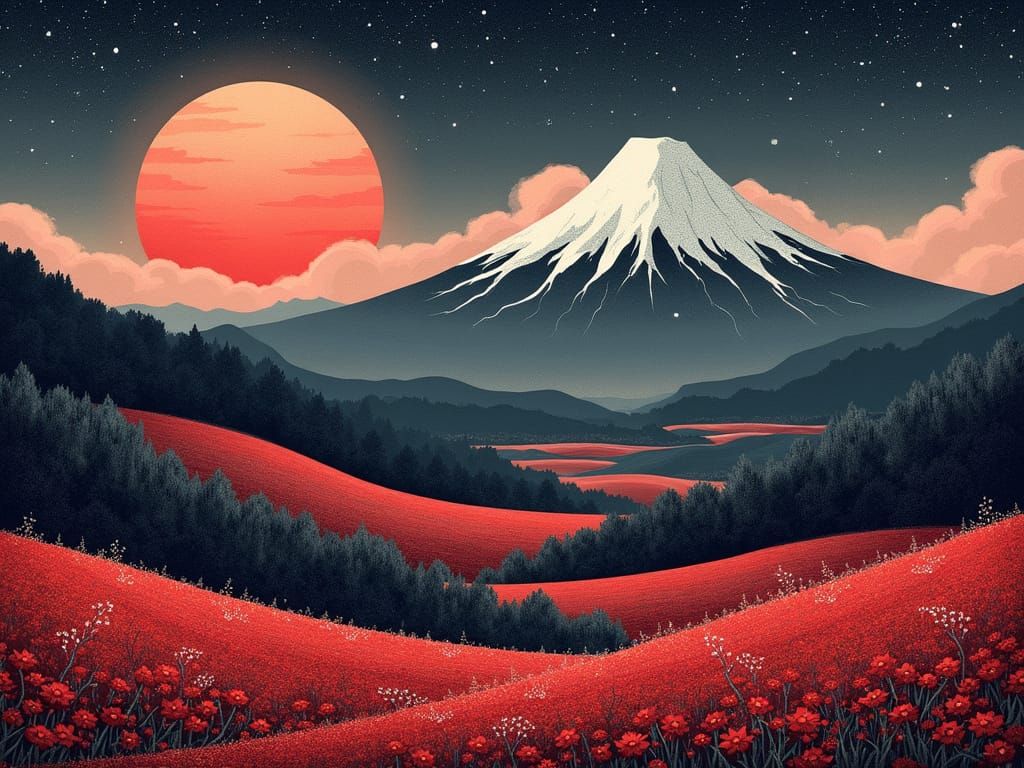 Japanese Mountainside Landscape in Quilted Moonlight