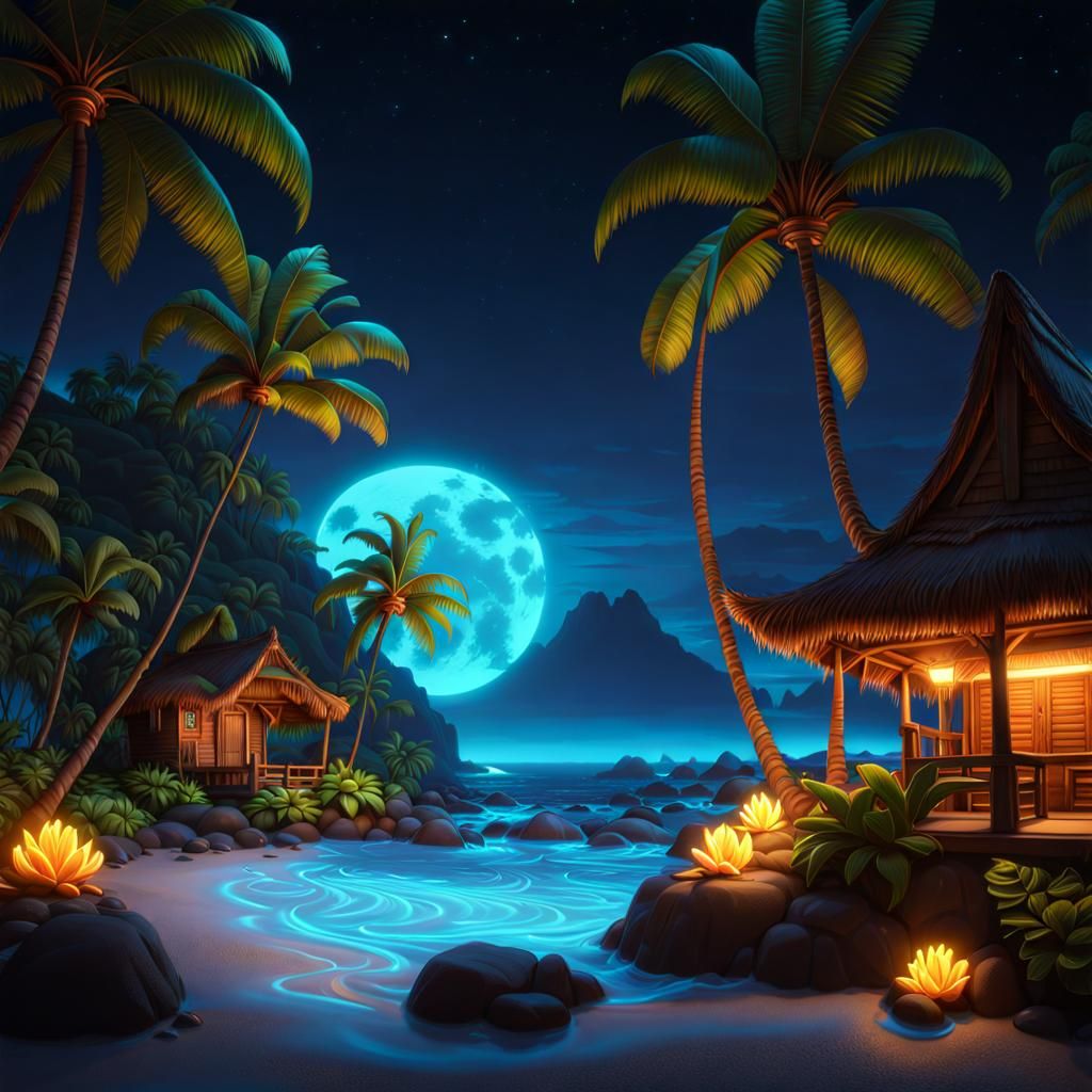 Hawaii Bioluminescent Bay at Night: Fantasy Concept Art