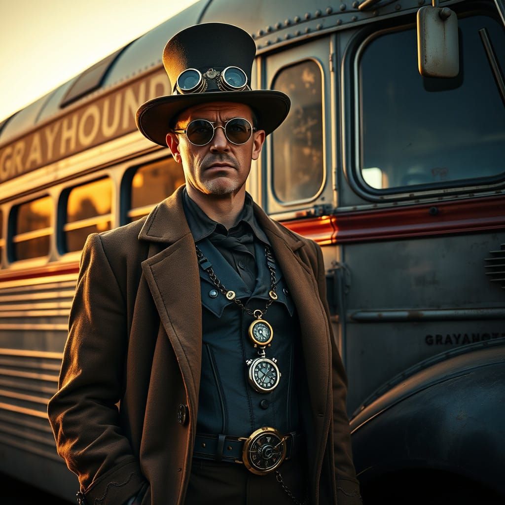 Steampunk Bus Driver Amidst a Vintage Grayhound Bus