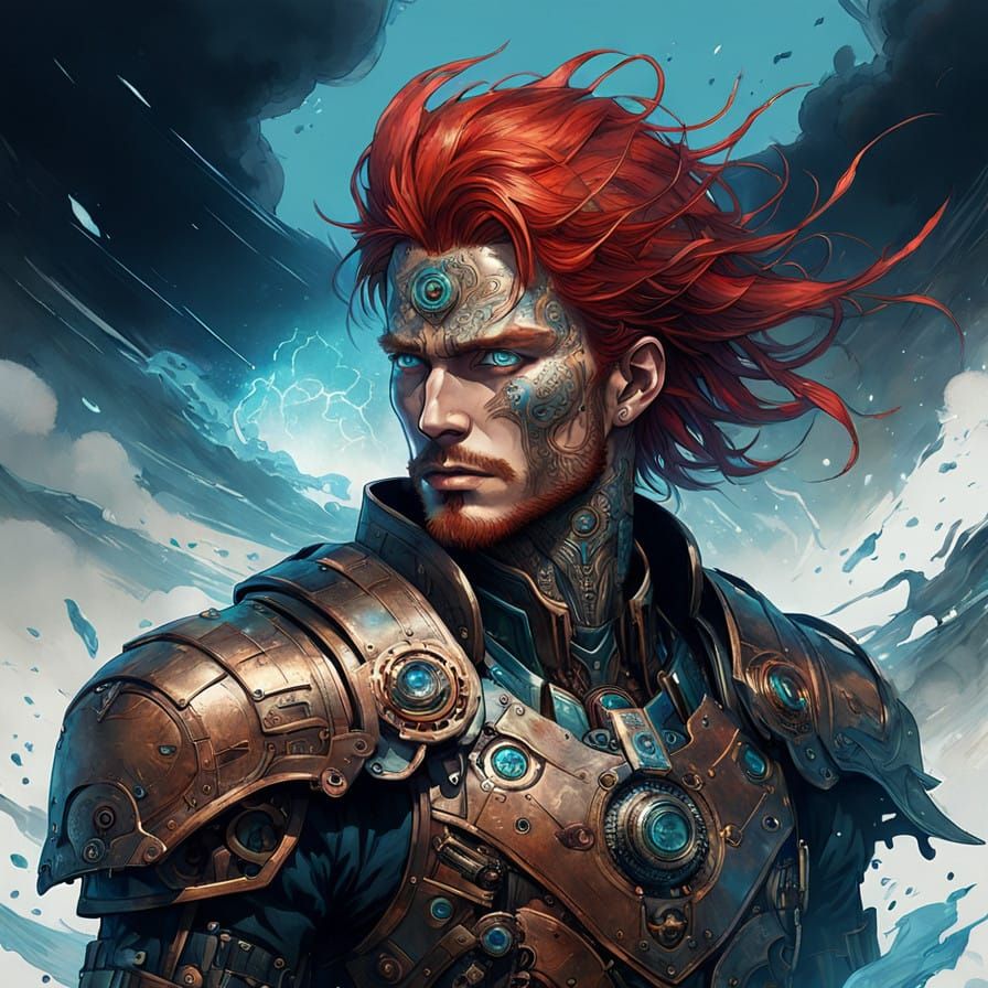 Cyberpunk Warrior in Stormy Battlefield