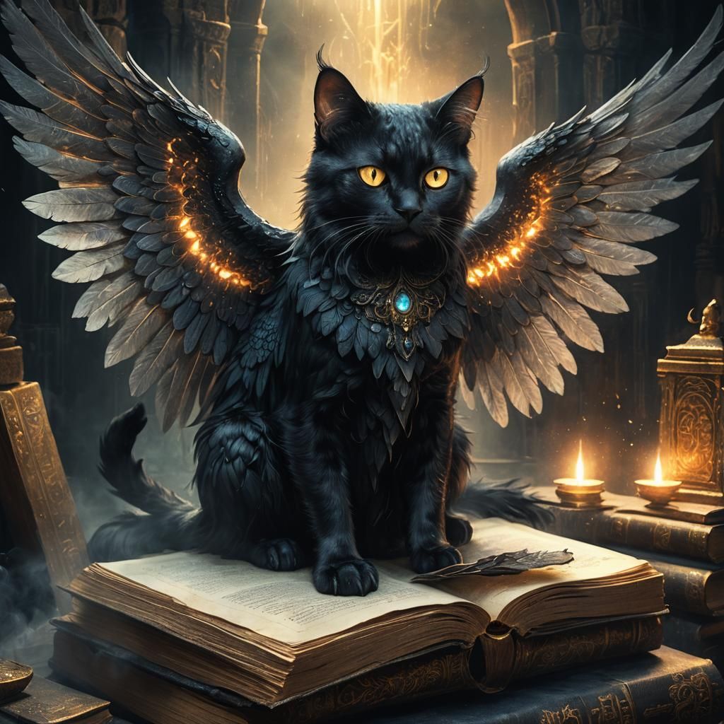 Black Angel Cat in Dark Fantasy Style