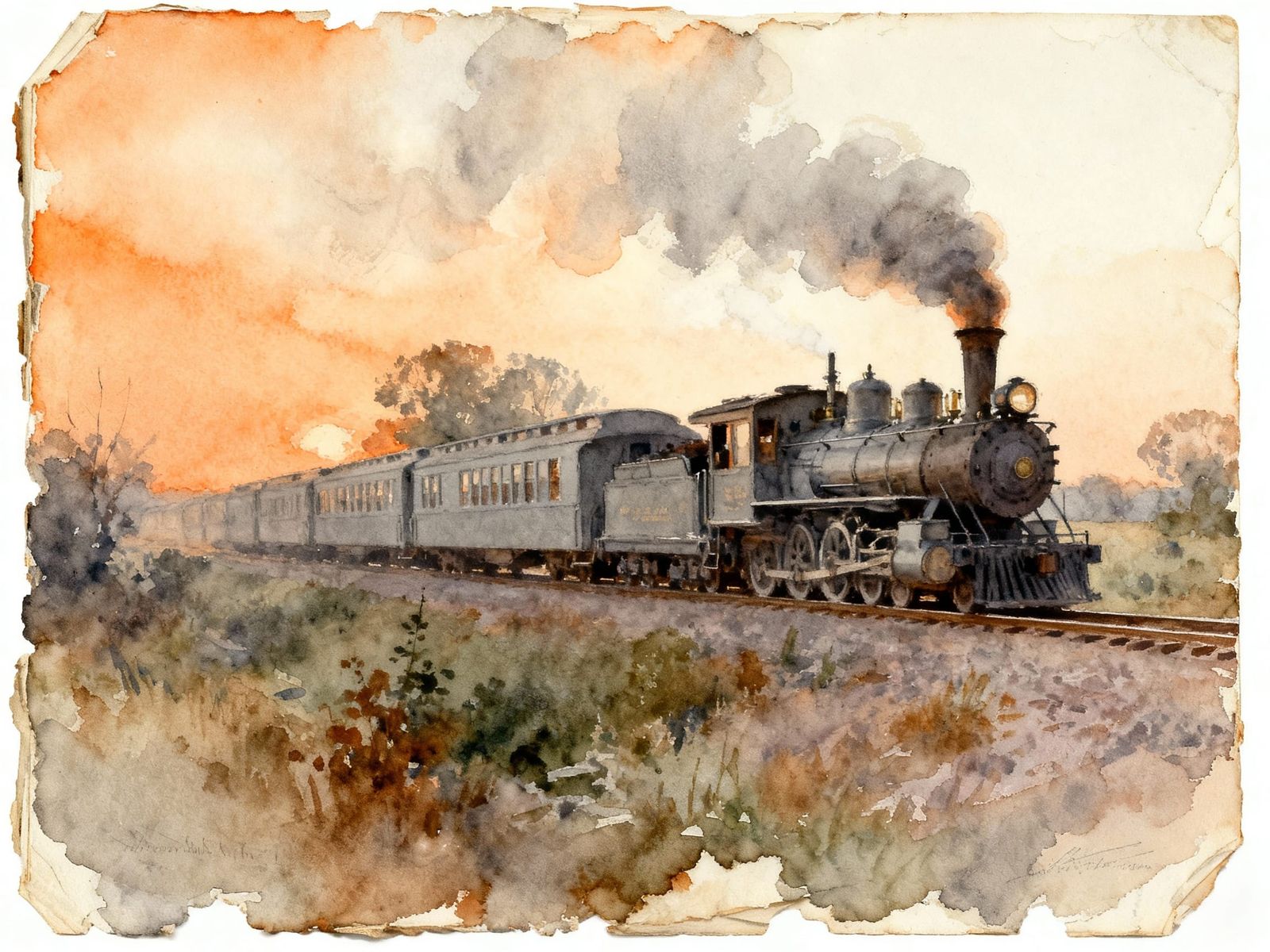 Watercolor Steam Train Through Midwest Scenery